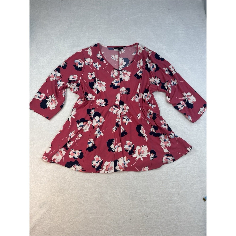 Roz & Ali‎ Womens V-Neck 3/4 Sleeve Tunic Blouse Pink Floral Stretch Top Size 2X